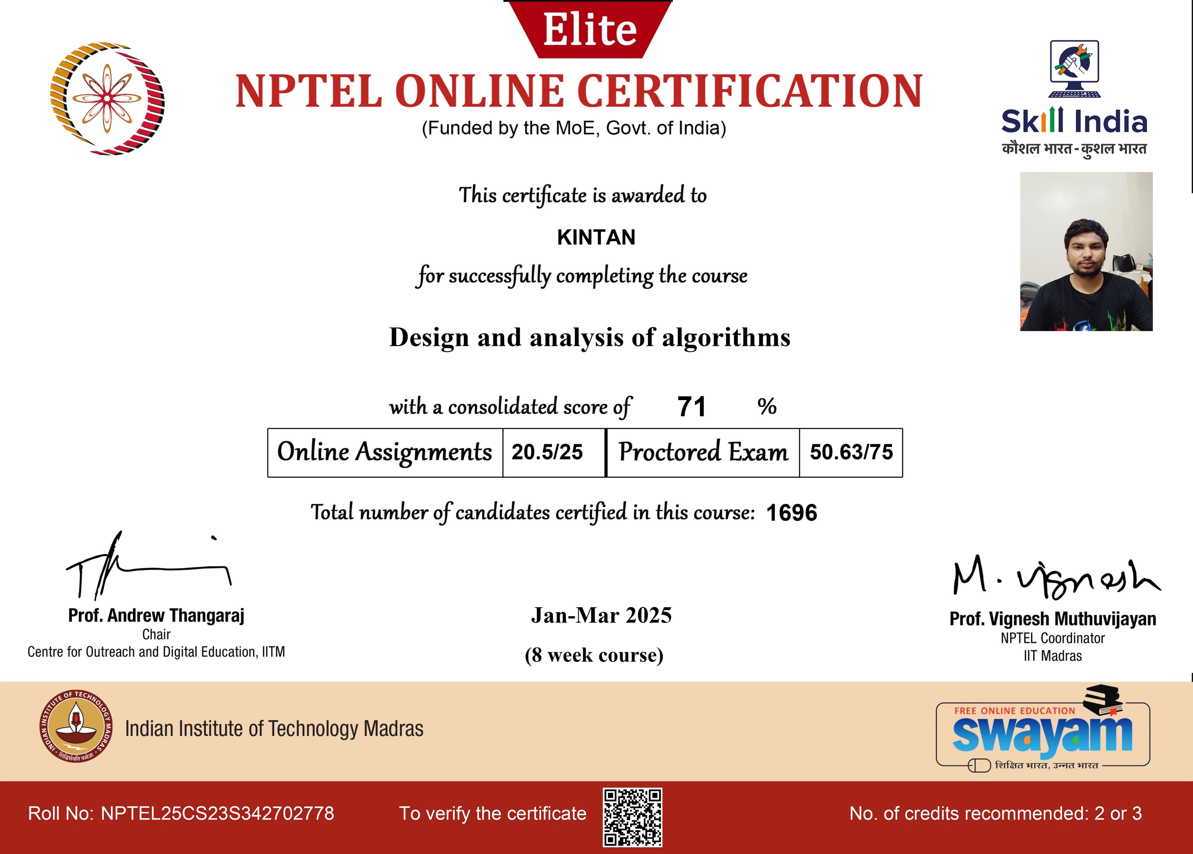 NPTEL Design and Analysis of Algorithms certificate