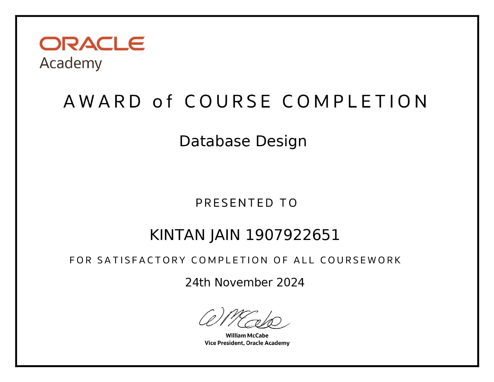 Oracle Database Programming with SQL certificate